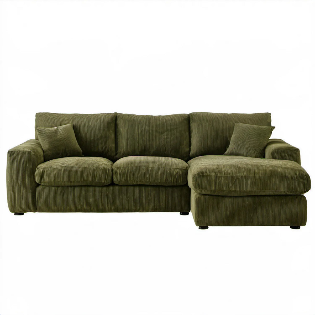 Oliwkowa sofa narożna ze szezlongiem po prawej stronie, sztruksowa, 260 x 160 x 85 cm