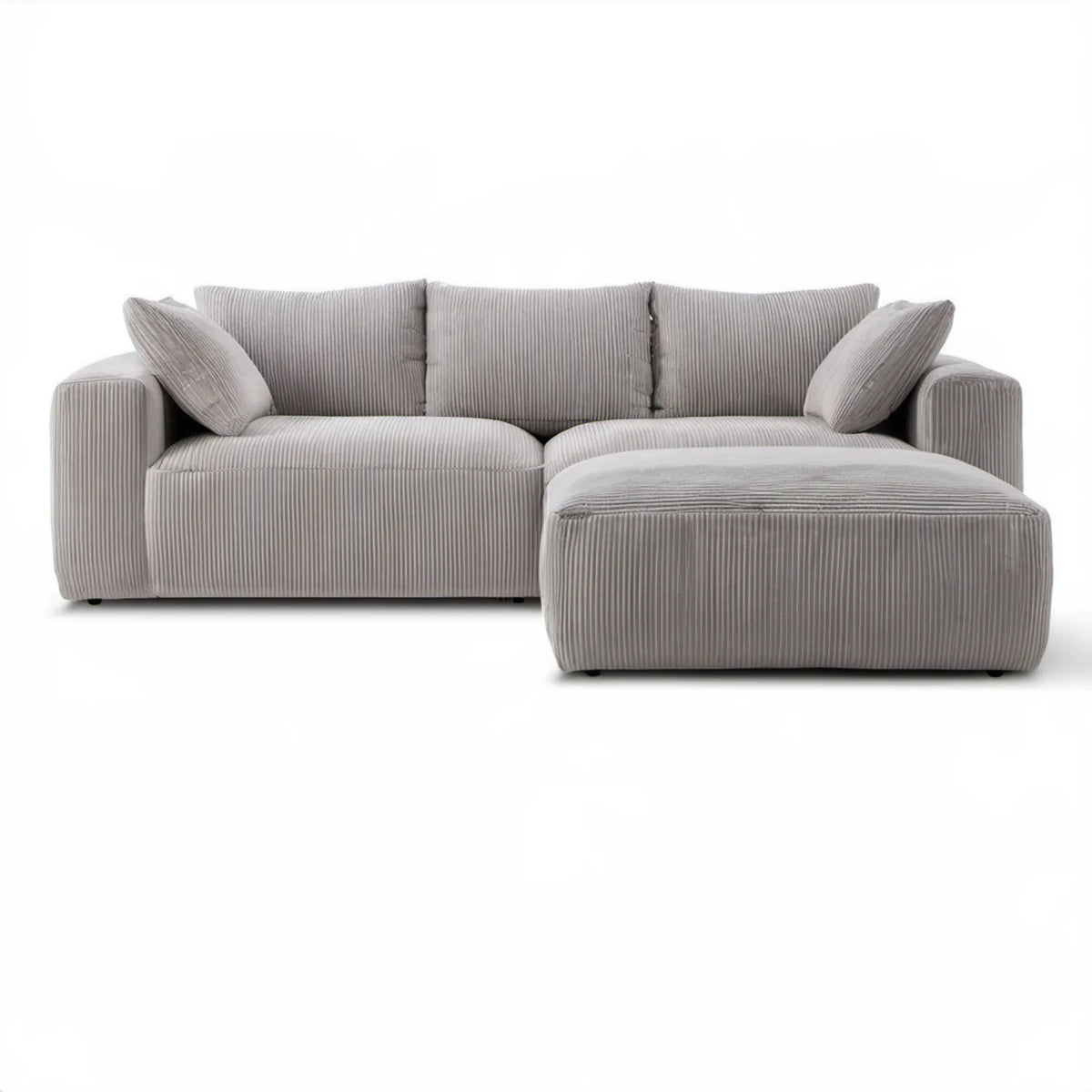 Jasnoszara sofa 3-osobowa ze sztruksową tapicerką i pufą, 250 x 95 x 85 cm, pufa 100 x 75 x 43 cm