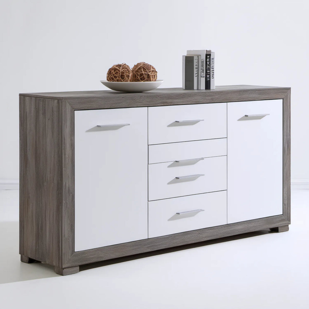 Komoda nowoczesna biało-szara 160 x 40 x 90 cm z 2 drzwiami i 4 szufladami