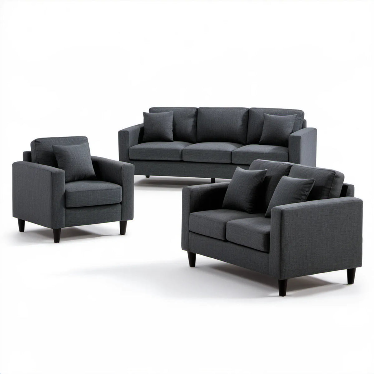 Zestaw mebli do salonu 3+1+1, ciemnoszary/czarny, sofa 200 x 85 x 82 cm, fotele 88 x 85 x 82 cm