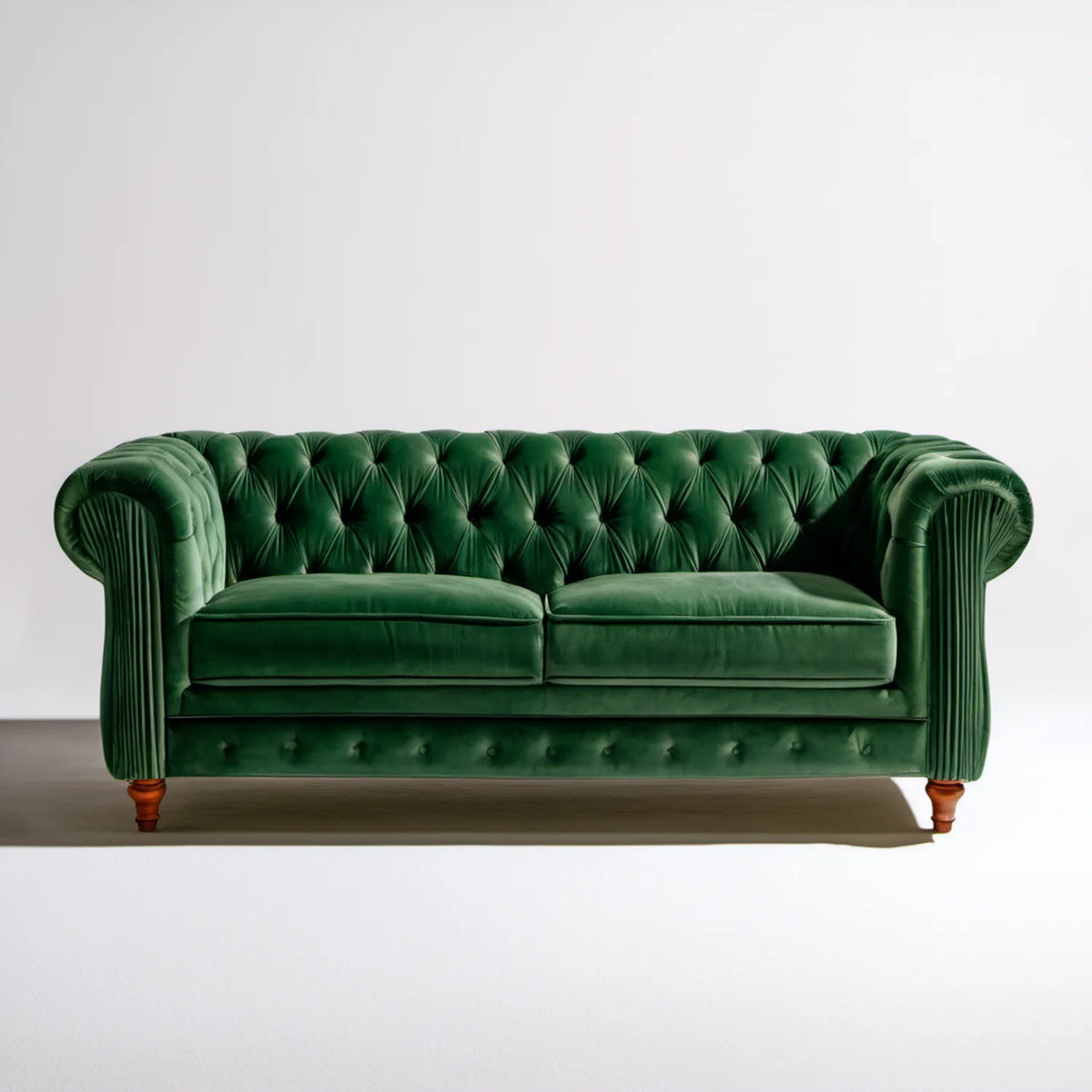 Dwuosobowa sofa Chesterfield z aksamitu poliestrowego zielona z brązowymi nóżkami, 180 x 85 x 75 cm