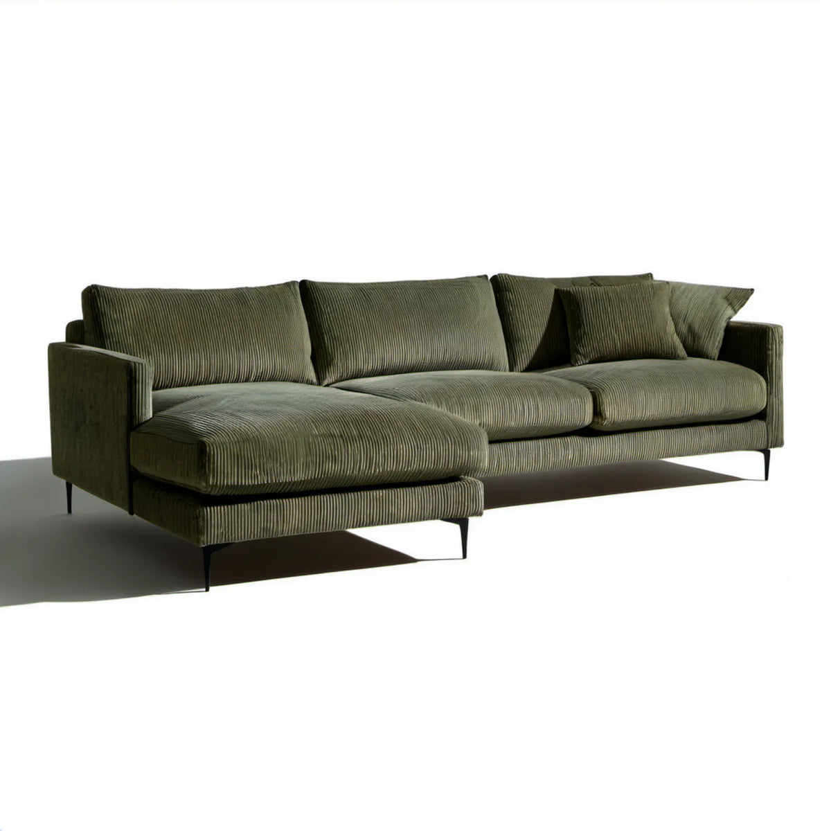 Oliwkowozielona sofa narożna w kształcie L z lewym szezlongiem, tapicerka sztruksowa, 260 x 160 x 85 cm